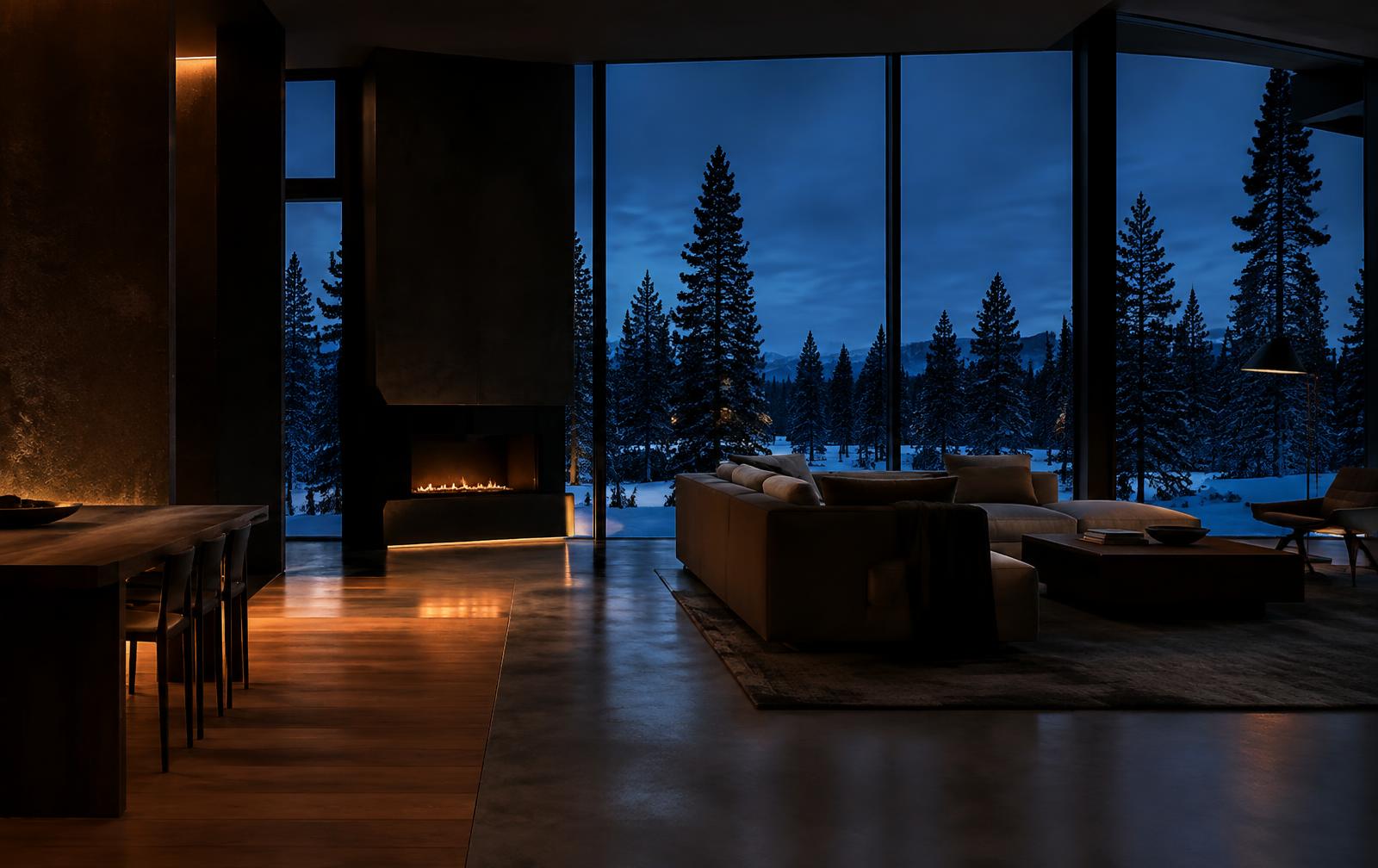 Modern living room with warm floors and snowy pines outside in Central Oregon