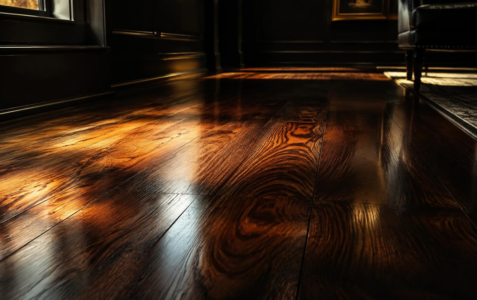 Refinished dark hardwood floor glowing in low sunlight
